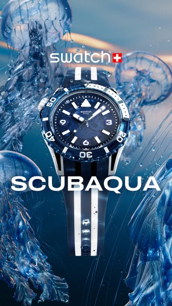 This ad showcases a Swatch Scuba Aqua watch in an underwater setting, highlighting its functional design and affiliation