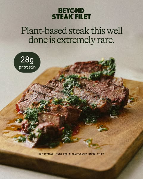 This image ad promotes Beyond Steak Filet, a plant-based steak product. It highlights the rarity of finding a plant-base