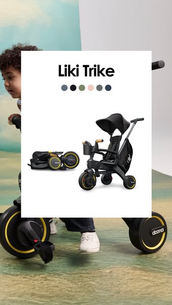 This image ad features the Liki Trike in both its folded and ready-to-ride configurations. A toddler appears to be ridin