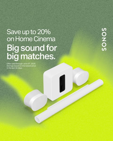 This ad showcases the Sonos home cinema products and highlights an offer of up to 20% off, encouraging viewers to enhanc