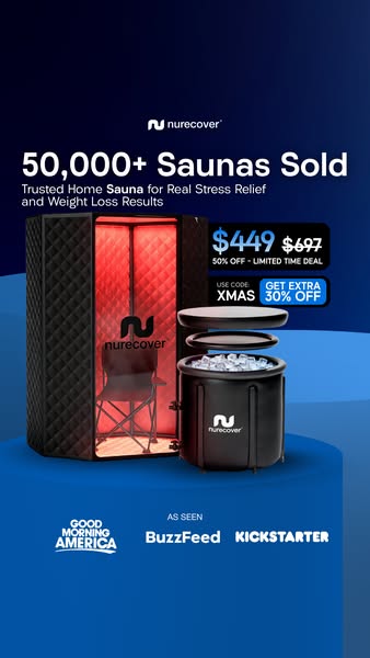 This image ad promotes the Nurecover home sauna, highlighting its stress relief and weight loss benefits. It features a 