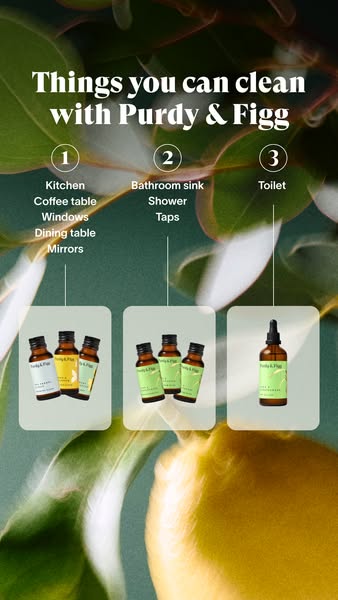 This image ad lists various household surfaces that can be cleaned with the Purdy & Figg cleaning product. It shows 