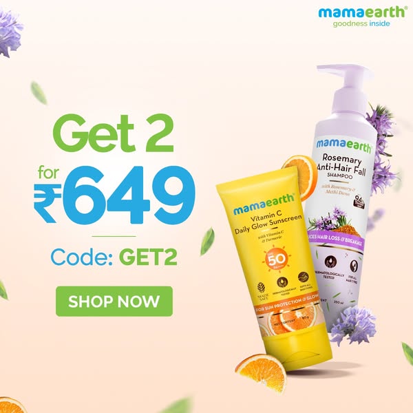 This ad for Mamaearth promotes a deal where customers can get two skincare products for ₹649. The products highlighted a