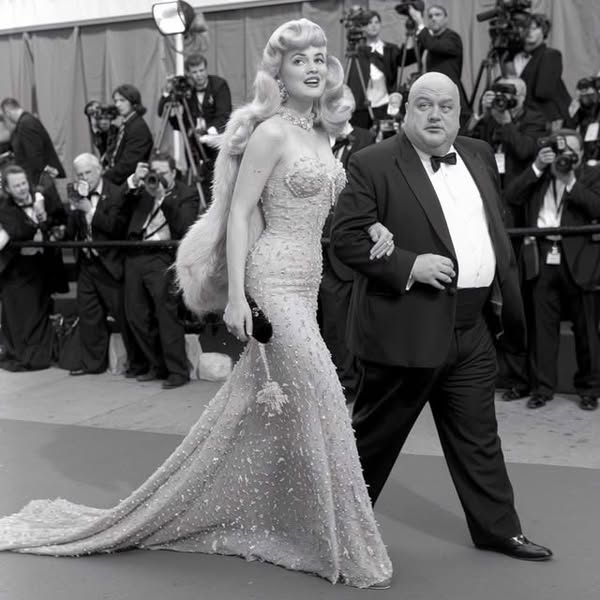 A black and white image of a woman in a gown and a man in a tuxedo walking the red carpet, surrounded by photographers.
