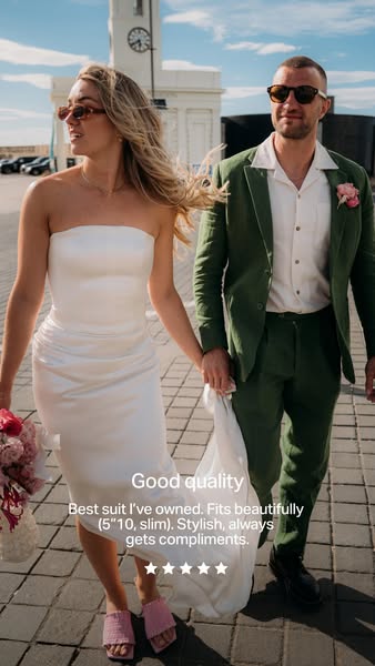 The image ad features a customer testimonial highlighting the quality and fit of a green suit, targeting stylish individ