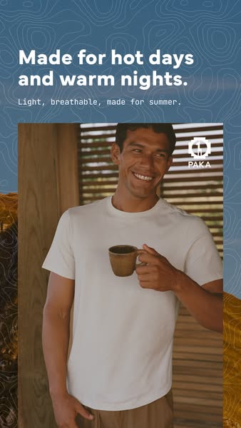 This ad promotes the PAKA brand, emphasizing its suitability for warm weather with a light and breathable t-shirt. It fe