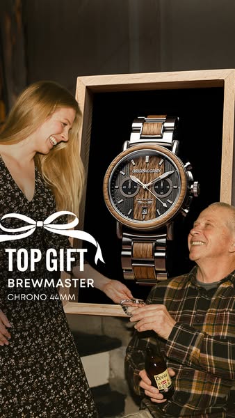 This image ad promotes Original Grain watches, specifically the Brewmaster Chrono 44MM. The ad features a lifestyle shot