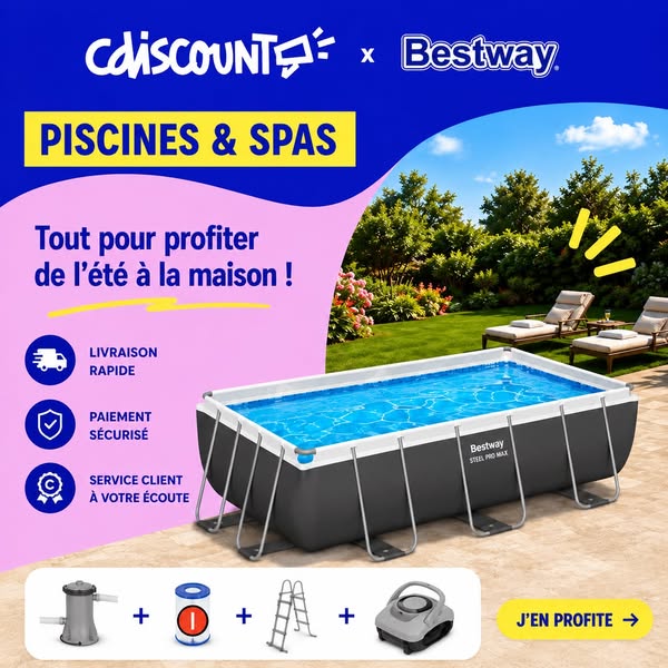 The ad showcases a Bestway above-ground swimming pool and highlights its features and benefits. It aims to draw in custo