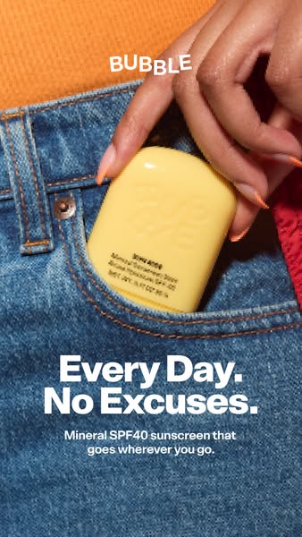 This ad highlights the convenience and everyday use of Bubble's mineral SPF40 sunscreen, emphasizing its portability
