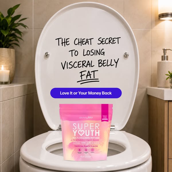 This ad uses a startling visual and headline to sell SkinnyFit Super Youth collagen peptides as the solution to visceral