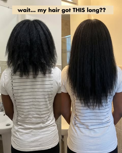 This ad compares before-and-after photos of a person's hair to show the result of using a hair product.