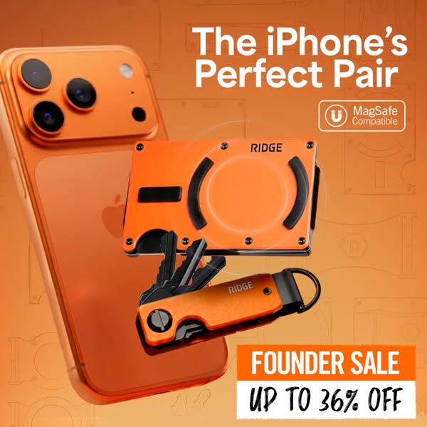 This image ad features the Ridge wallet and key organizer as the perfect pair for iPhone users. The ad showcases the two