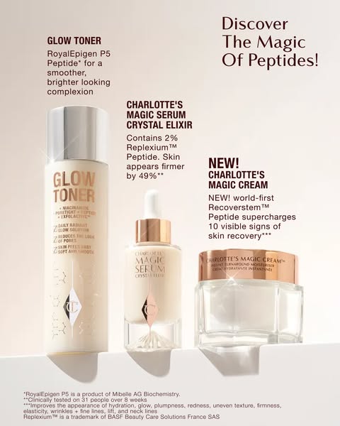This ad showcases three Charlotte Tilbury skincare products - Glow Toner, Magic Serum Crystal Elixir, and Magic Cream - 
