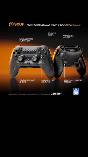 This ad showcases the features of the SCUF OMEGA controller for PS5.