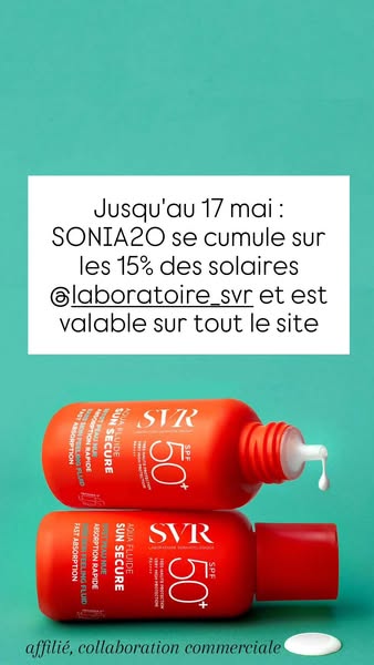 This image ad promotes SVR Sun Secure sunscreen. It features two bottles of the product stacked on a blue background, wi