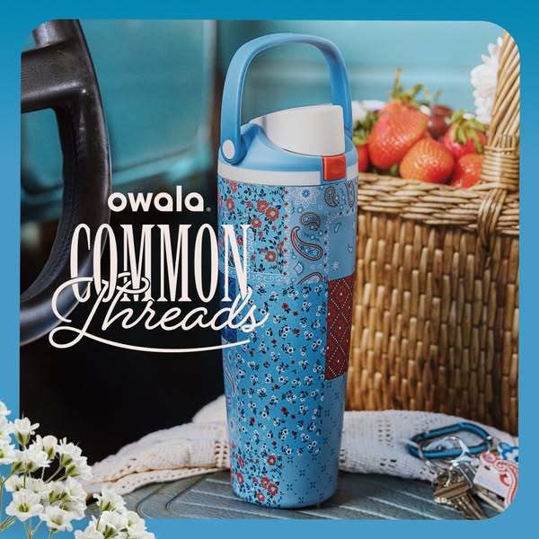 This image ad showcases a special-edition Owala water bottle with a floral patchwork pattern. The bottle is positioned i