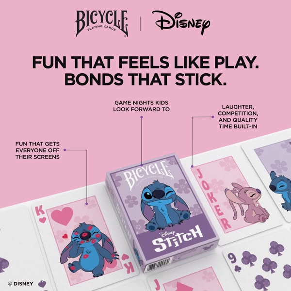 This image ad showcases a deck of Bicycle brand playing cards that features a Disney Stitch theme. The ad uses bullet po