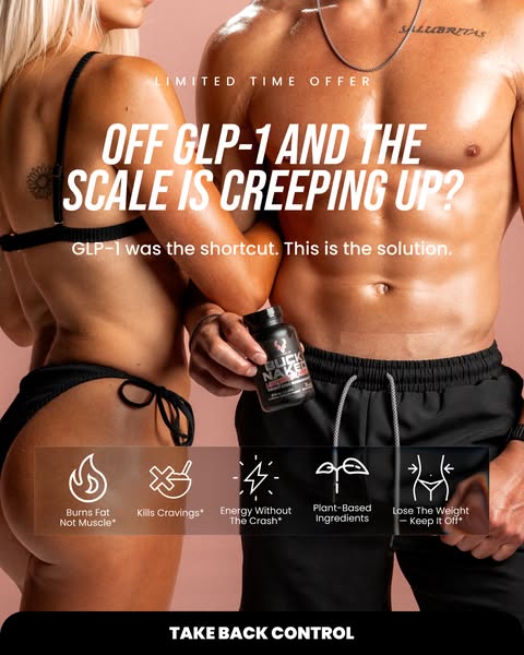 Image ad for Buck Naked brand, implying that after stopping use of GLP-1 the user's weight/scale creeps up. The ad c