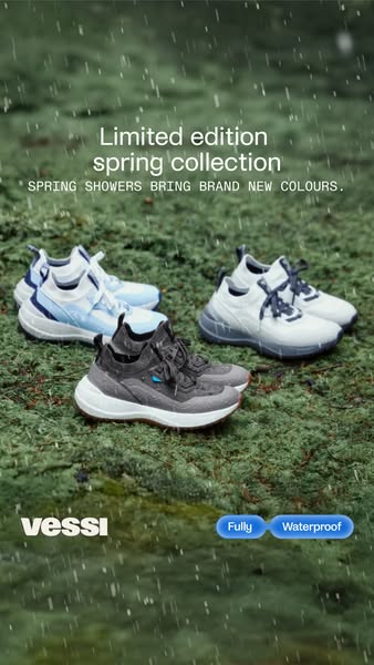 This ad features waterproof Vessi sneakers in a variety of colors being displayed on mossy grass in the rain.