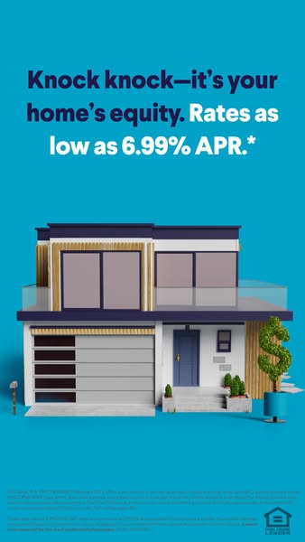 This ad promotes home equity loans with rates as low as 6.99% APR. The visual features a modern-style house with a tree 