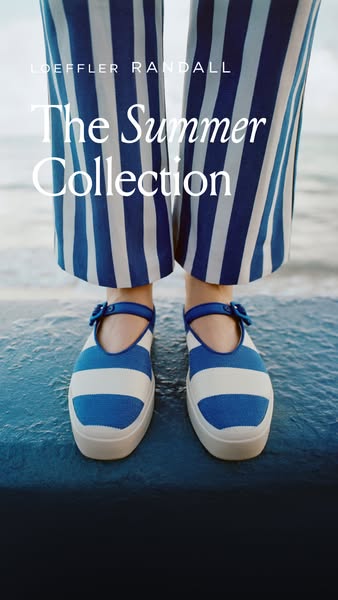 This ad promotes Loeffler Randall's Summer Collection, featuring a close-up shot of a person wearing blue and white 
