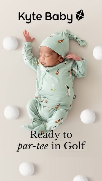 This ad features a baby wearing a Kyte Baby golf-themed outfit and positioned with golf balls. The ad is likely targeted