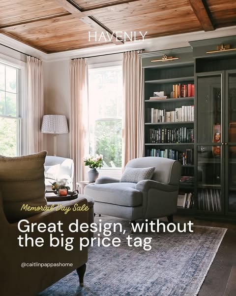 This Havenly ad presents a professionally designed interior with comfortable seating and shelving and advertises a Memor