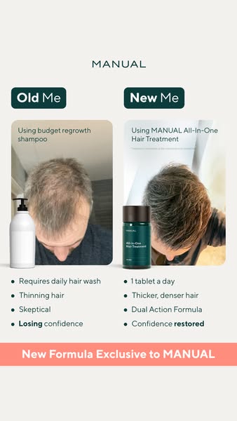 This ad is for Manual's All-In-One Hair Treatment. The ad shows a before and after photo of someone who went from us