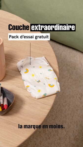 This ad promotes a free trial pack of diapers. The ad features a single diaper on a table with text overlayed.