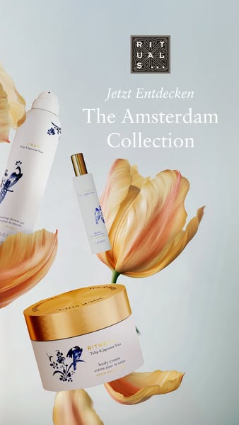 This ad showcases Rituals' Amsterdam Collection, featuring body cream, shower gel, and body mist. The products are p