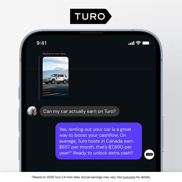 This ad is for Turo, a service that allows people to rent out their car. The ad is designed to look like a text message 