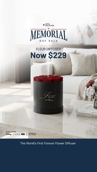 This ad promotes the Fleur Diffuser from Hotel Collection as part of a Memorial Day sale. It highlights the product'