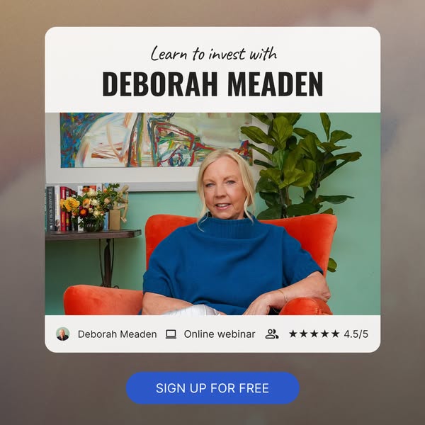 This image promotes a free online webinar to learn to invest with Deborah Meaden.