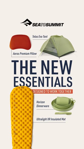 This ad promotes the Sea to Summit brand and highlights their core camping products as 'The New Essentials' that