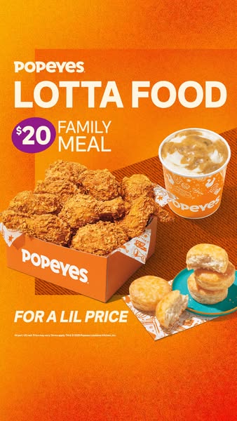 This image ad for Popeyes promotes a family meal deal for a limited price. The ad features an image of fried chicken, bi