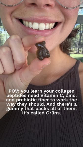 A woman is holding a gummy bear and smiling, with text explaining that the gummy provides the vitamins needed to make co