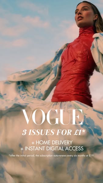 This ad for Vogue magazine features an image of Margot Robbie wearing a red top and a blue and white floral skirt. The a