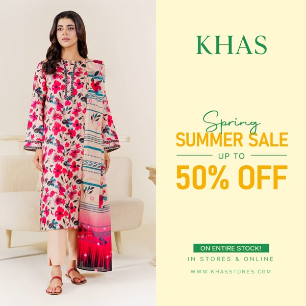Image promoting Khas's Spring Summer sale with up to 50% off on entire stock.