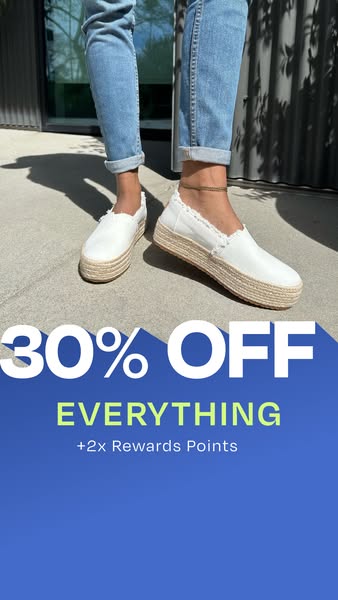 This image ad shows a woman modeling a pair of white espadrille platform sneakers, and offers 30% off of everything as w