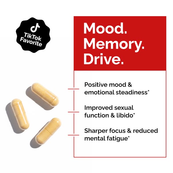 This image ad promotes a supplement for mood, memory, and drive. The ad utilizes a split-screen design. On the left are 