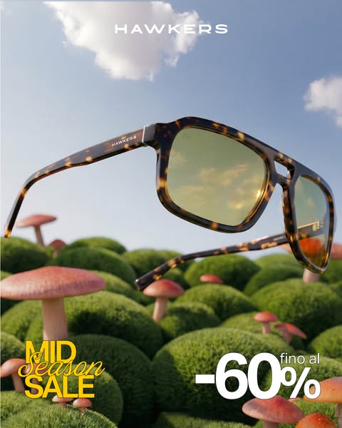This image ad uses a background of mushroom hills in the background to draw the eye to the foreground where a pair of Ha