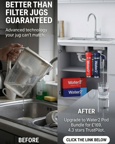 This ad compares water from a conventional water filter jug to water filtered by a Water2 pod filter, highlighting the a