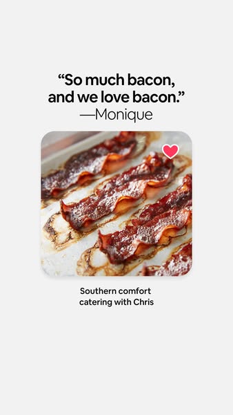 This image ad shows a customer review for catering services. The testimonial emphasizes the abundance of bacon, with an 