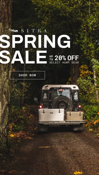 This ad promotes a spring sale from Sitka, offering up to 20% off select hunting gear. The ad features a vehicle driving