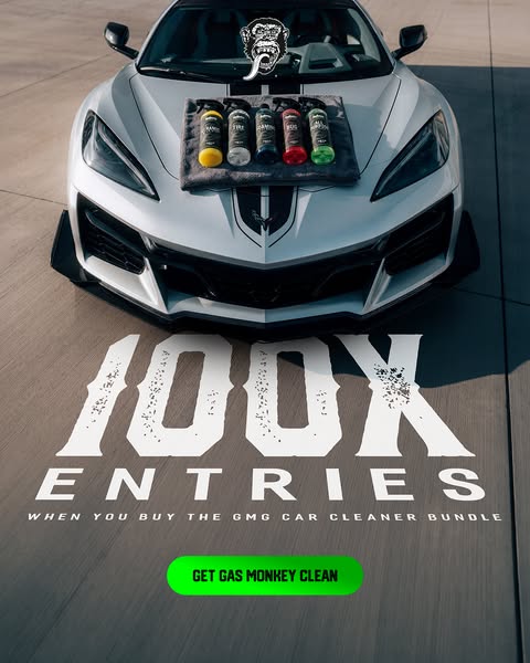 Ad for GMG car cleaner bundle offering 100k entries to win something, potentially the pictured car, with purchase.