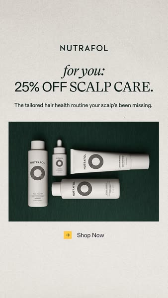 This image ad promotes Nutrafol's scalp care products with a 25% off offer. The ad features a flatlay arrangement of