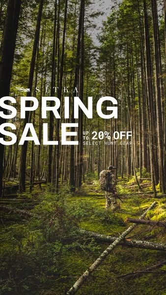 This image ad for Sitka features a hunter in a dense forest. The ad promotes a spring sale with a discount of up to 20% 