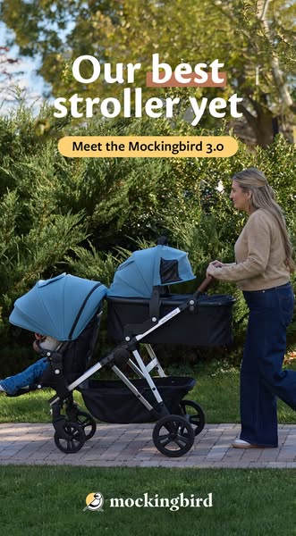 This image ad highlights the Mockingbird 3.0 stroller. The stroller is the main focus, with a woman pushing the stroller