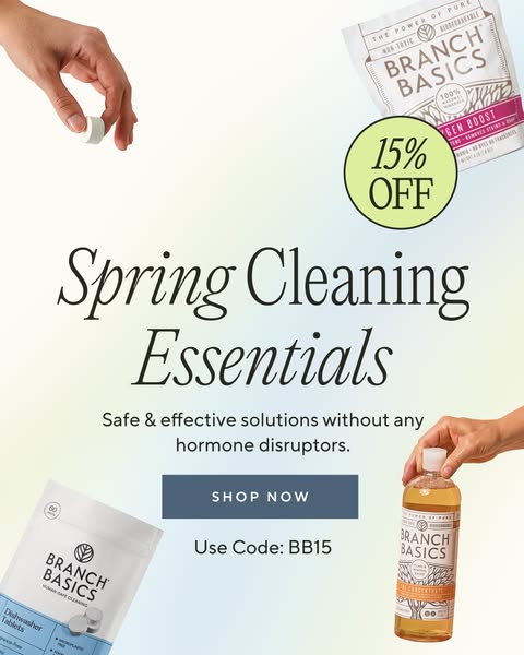 An image ad for Branch Basics, promoting their spring cleaning essentials with a 15% off offer. The ad features various 