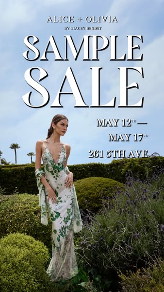 This is an image ad promoting a sample sale for Alice + Olivia clothing. The ad features a model in a floral gown and sh
